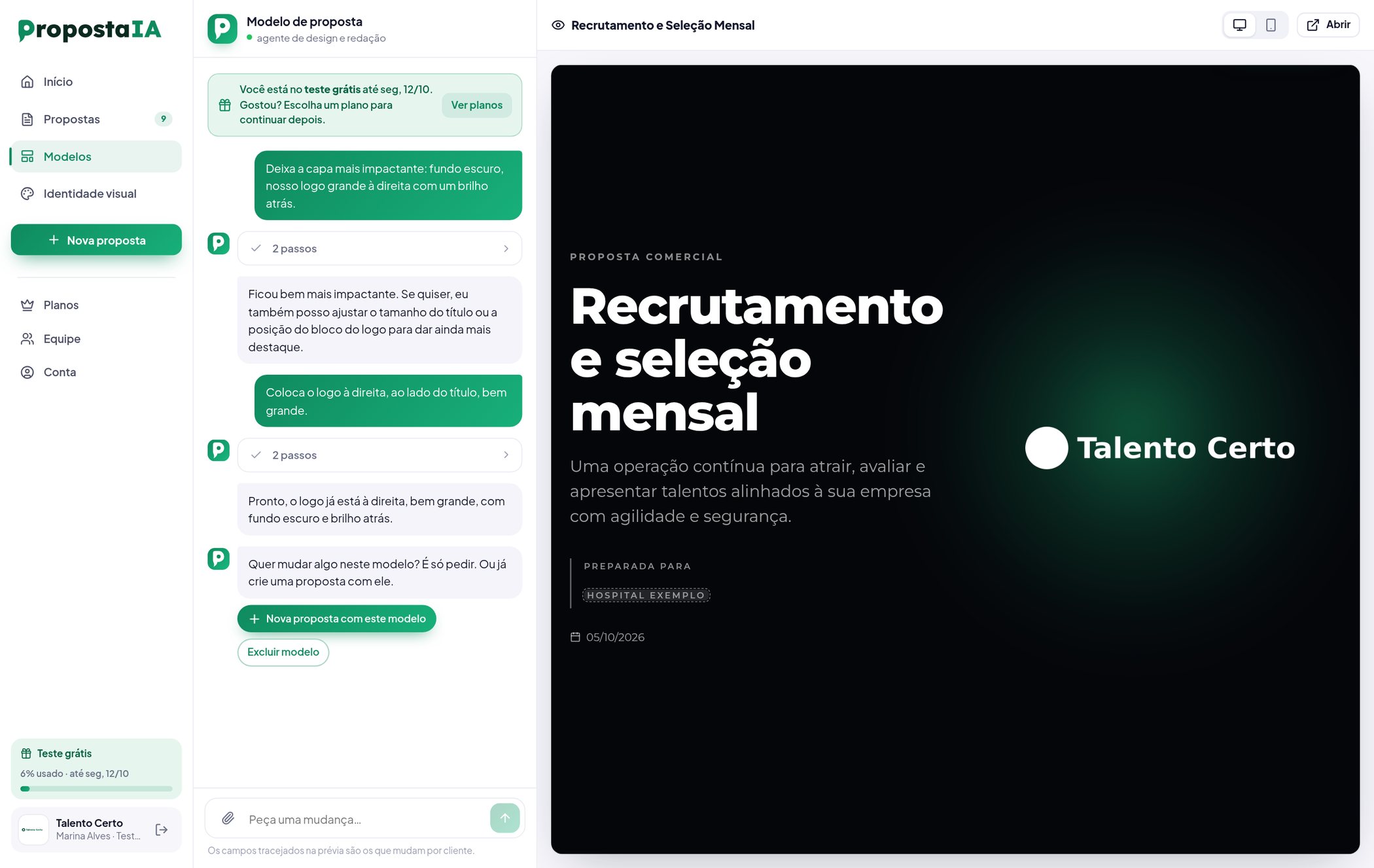 A assistente editando a proposta e mostrando os passos